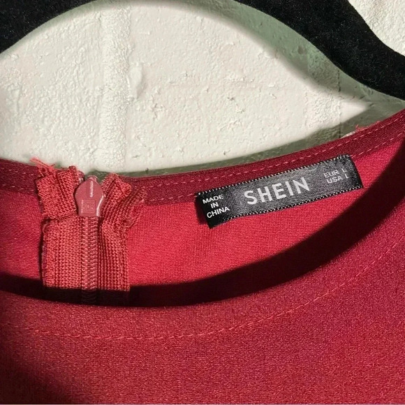 SHEIN Bodycon Dress Size Large Cape Sleeve Red Burgundy Cloth Waist Tie Date - Picture 8 of 12